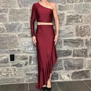 NWT Windsor 2-Pieces: Red Burgundy Wine One Sleeve Crop Top & Asymmetrical Skirt